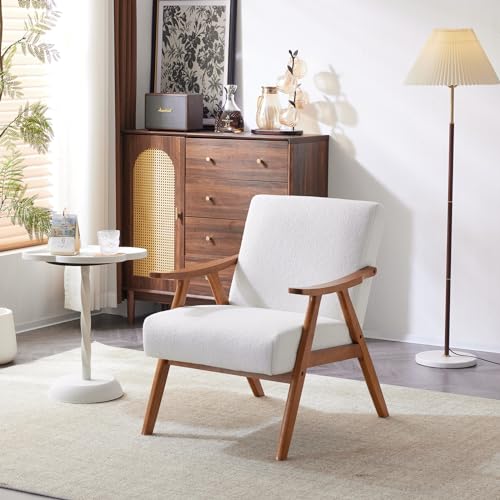 VINGLI White Teddy Fleece Modern Accent Chair, Retro Mid Century Lounge Boucle Chairs for Living Room, Sturdy Upholstered Fluffy Solid Wood Boho Farmhouse Armchairs for Bedroom/Reception