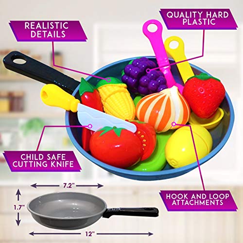 Cut Play Food Kitchen Accessories Set for Kids - Cutting Toy Fruits and Vegetables - Cooking Pot - Toy Knife & Cutting board - Play Utensils - Toddlers, Boys & Girls Fake Food Pretend Playset - Thumbnail 7