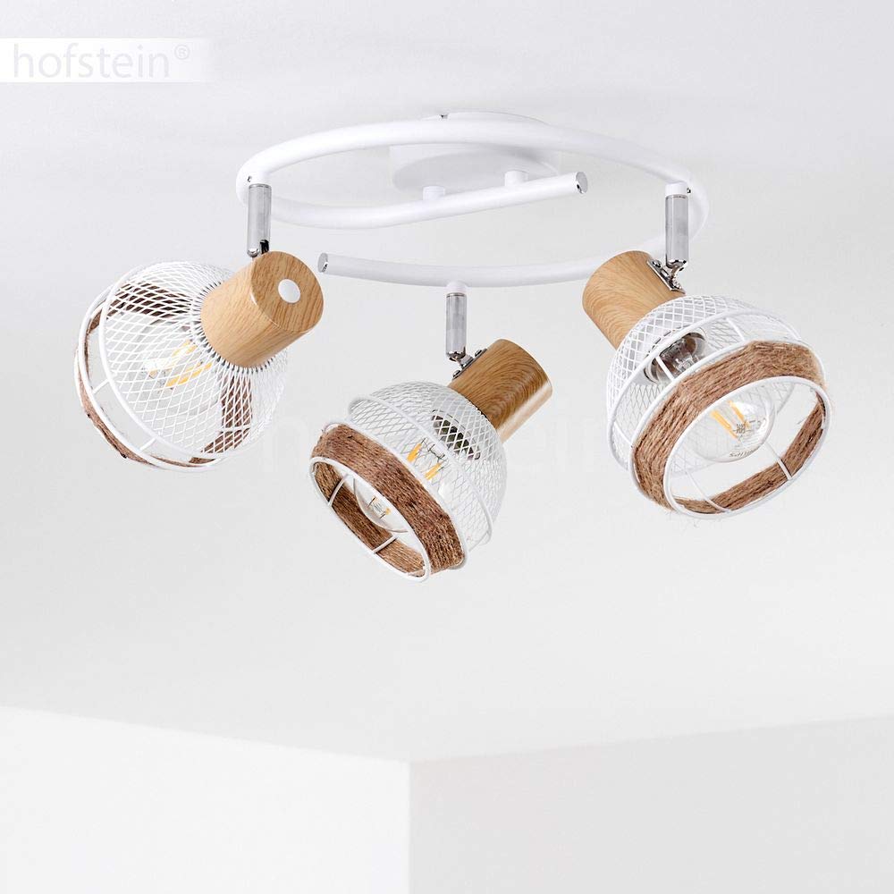 Lámpara de techo Bariloche, lámpara de techo redonda de metal/madera/cuerda de cáñamo en blanco/cromo/naturaleza, 3 llamas, pantallas orientables y giratorias, E27, óptica de celosía, sin bombilla(s)