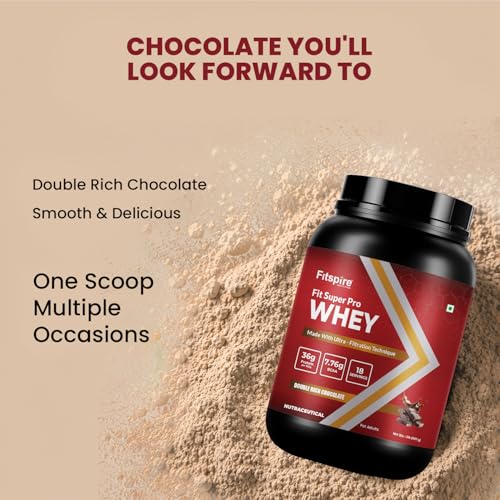 Image of Fitspire Fit Super Pro Whey Protein Powder with Shaker Combo, Double Rich Chocolate | Whey Isolate & Concentrate Blend | 36g Protein per 100g | Enzymes, Probiotics & Prebiotics | Supports Muscle Growth & Recovery | No Added Sugar