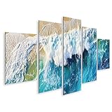 Taille: 170x80cm - 5 Panneaux islandburner Tableau sur Toile s AI Photo aérienne se brisant des Vagues Rivage Plage mer Cadre Affiche Poster Murale Tableaux
