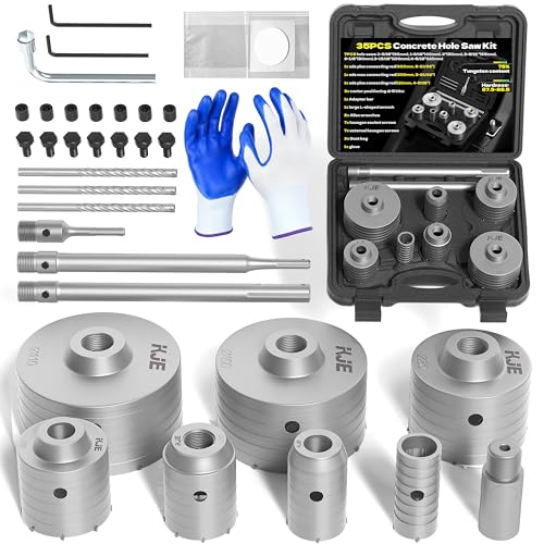 KJE 35PCS Concrete Hole Saw Kit Size 30/40/50/65/80/100/110mm Industrial Hole Saw Set with 3 Drill Bits and SDS Plus & Max Shank for Concrete Stone Brick Cement and Wall Drilling