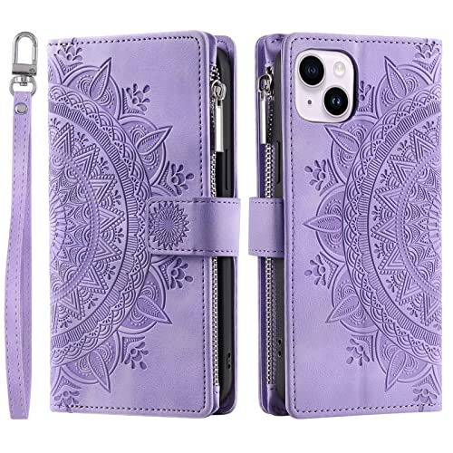 VEEMOS Wallet Case for iPhone 15 Plus Flower Flip Case Protective Leather Folio Book Phone Cover with Card Slots Kickstand Zipper Pocket
