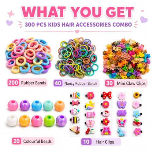 Image of 300 Pcs Hair Accessories for Kids Girls | Cute Baby Hair Clips, Rubber Bands, Nancy Bands, Hair Beads & Mini Claw Clips Combo | Hair Accessories for Baby Girl | Kids Hair Clips Set | Mixed Designs