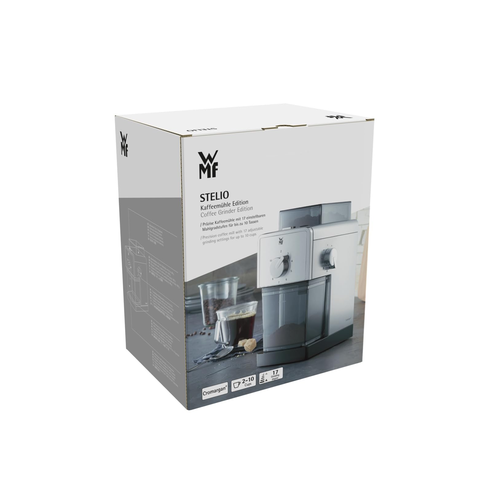 WMF Stelio - Molinillo Eléctrico de Café, Capacidad 180 gramos, Acero Inoxidable Cromargan, 17 ajustes, 110 W [Clase de eficiencia energética A+]