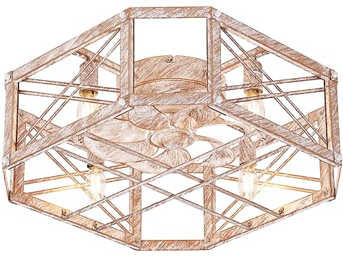 21'' Flush-Mount Ceiling Fan with Dimmable-Light Remote Control, Reversible-Motor, 6 Wind Speeds, Perfect for Bedroom, Living Room, Kitchen, Outdoor Gazebo, Patio, Low-Profile Design Retro Cage