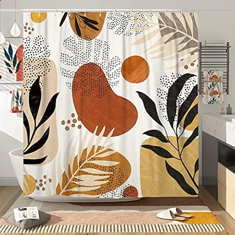 Witzest Brown Abstract Shower Curtain Retro Boho Shower Curtain Mid Century Modern Shower Curtain Leaf Aesthetic Shower Curtain Polyester 72x72 Inch Cover