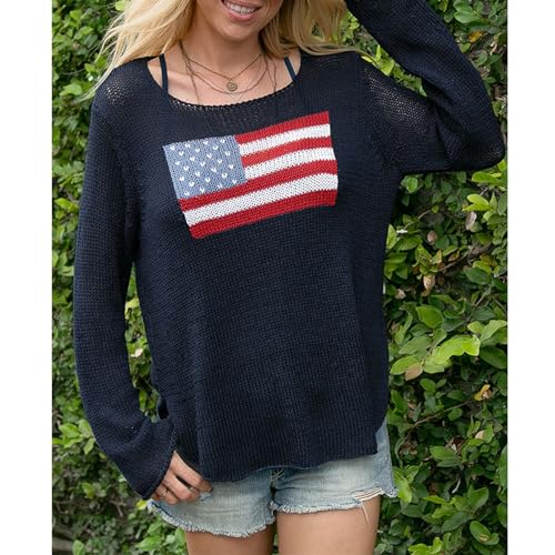 Image of Women American Flag Sweater Loose Vintage USA Sweatshirt Long Sleeve Crewneck Hollow Out 4th of July Jumper