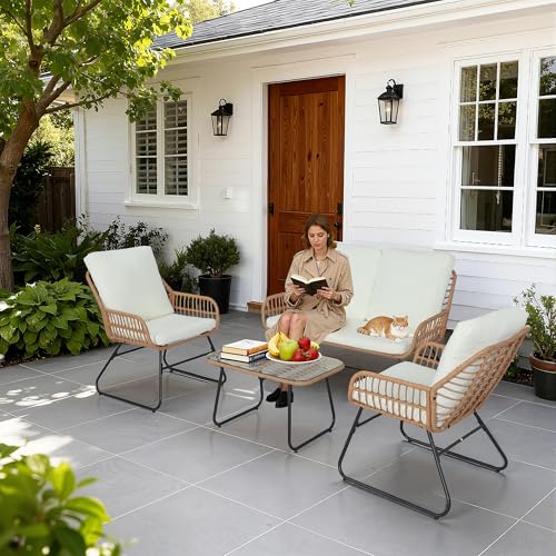 EortheX 4 Pieces Outdoor Patio Furniture Set,Patio Conversation Set,Rattan Wicker Bistro Sets with Loveseat Chairs and Modern Coffee Table for Backyard Deck Balcony and Garden Lounge Spaces - Beige
