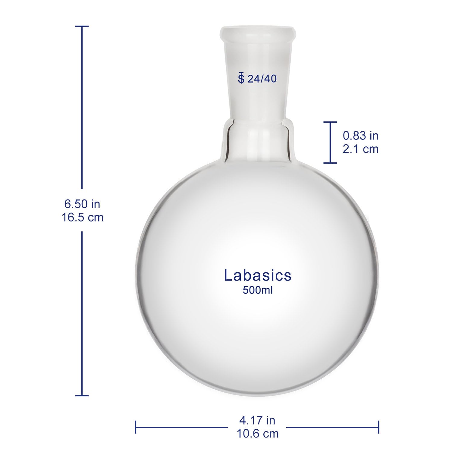 Labasics Matraz de Fondo Redondo de Vidrio, Matraz de Vidrio de Borosilicato de Pared Gruesa, Cuello Corto, Fondo Redondo, Boca Única, con Junta Exterior de Cono Estándar 24/40, 500 ml