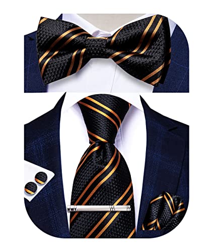 La Mejor Recopilación de Pajaritas para Hombre . 46 Hi-Tie - Juego de 5 corbatas de seda para hombre, corbata de lazo y pajarita de seda, juego de gemelos con clip de corbata o alfileres de solapa, Negro, dorado (Black Gold...
