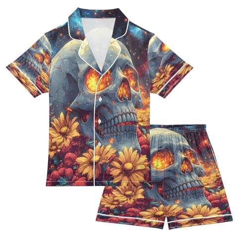 ALAZA Sugar Skull Flower Fire Satin Pajamas Set Short Sleeve Button Down Sleepwear Summer Pjs 2 Piece