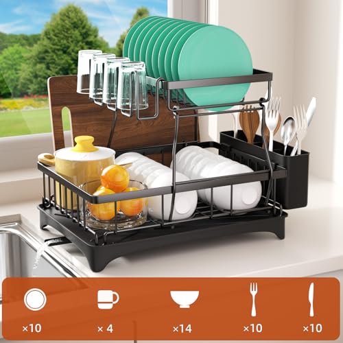 Godboat Dish Drying Rack, 2-Tier Dish Rack with Auto-Drain & Mat, Dish Racks for Kitchen Counter, Dish Drainer with Knife, Fork & Cup Rack, Gifts for Women, Mothers Day, Cool Stuff & Kitchen Gadgets - Image 3