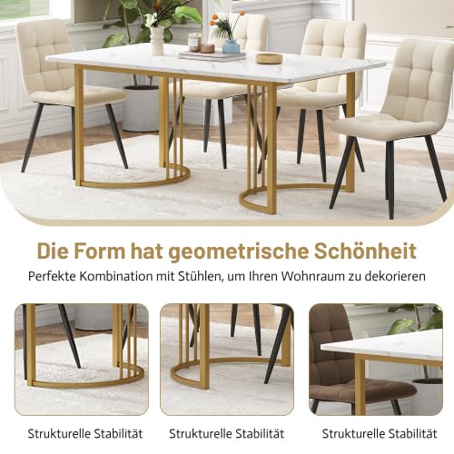 STAPERFO Tavolo da pranzo 140 x 80 cm, effetto marmo, bianco con gambe in metallo dorato regolabili, tavolo da pranzo rettangolare per 6 persone, elegante tavolo da soggiorno in bianco/oro
