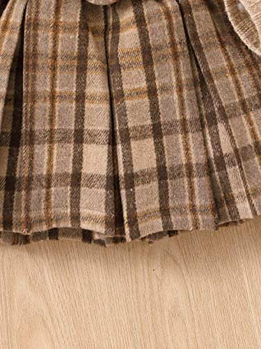 Yunfanda Toddler Baby Girl Fall Winter Dresses Turtleneck Solid Knit Pullover Tops Plaid Button Mini Skirts Set Outfits(24#-Camel Tops+Plaid Skirt+Hat,7-8 Years) #TOP5