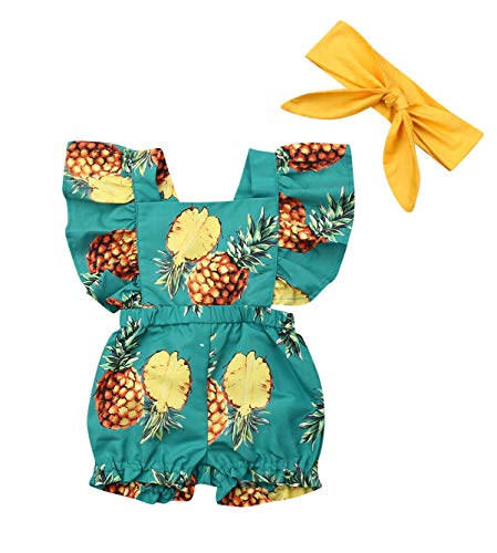 doublebabyjoy Baby Girl's 2-Piece Pineapple Print Outfits Newborn Girl Ruffles Sleeveless Backless Romper Headband (12-18 Months)