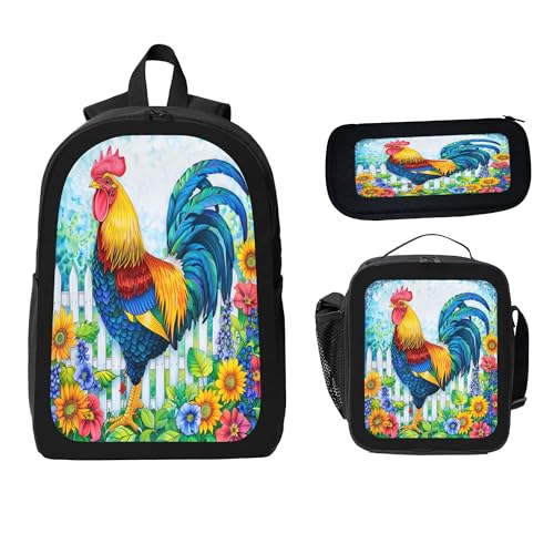 3PCS Backpack for Women Men With Lunch Box Pencil Bag 17 Inch Lightweight Adjustable Strap Back Pack 3 In 1 Set Animal Rooster Beauty Daypack Unisex Fit Travel Work Camping