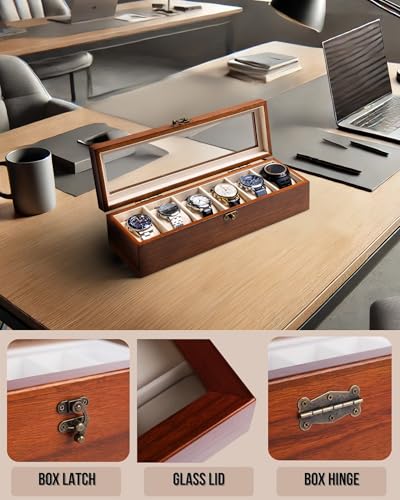 Image of Watch Box, Watch Case for Men Women with Large Glass Lid, Wooden Watch Display Storage Box with 6 - Slots, Classic Walnut Mens Watch Box Organizer