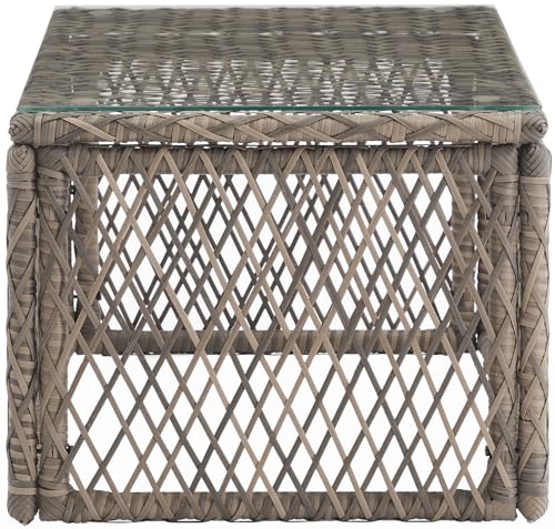 Crosley Furniture Granite Bay Wicker Outdoor Coffee Table, Glass Top Patio Tables Porch, Deck, Backyard, Creme