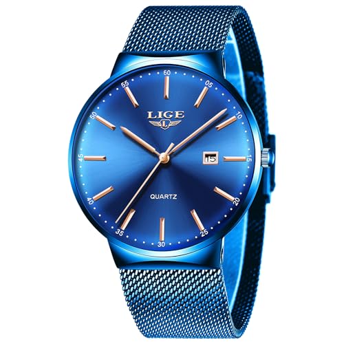 LIGE Uhren Herren Blau, Herrenuhr Analoge Quarz, Roségoldzeiger mit Kalender, Gitterband aus Edelstahl, 3ATM Wasserdicht, Mode Freizeit Outdoor Business, Luxus Armbanduhr Herren