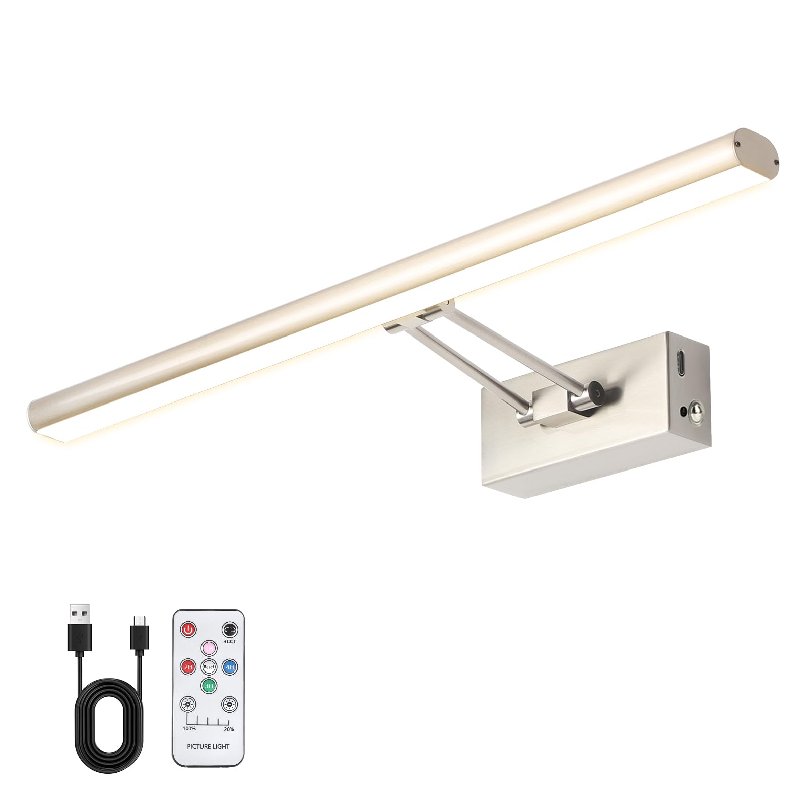 HOWMZON Picture Light, 17.5inches Picture Light Battery Operated,3CCT Picture Frame Light,Wireless Picture Lights for Wall Artwork Display, Photo,Library (Satin Nickel)