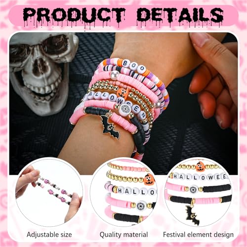 56 Pcs Halloween Bracelets for Women Pink Stackable Beaded Friendship Bracelets Set Tretch Clay Heishi Boo Pumpkin Skull Ghosts Bat Halloween Jewelry Bulk Party Favors Accessories Gifts3
