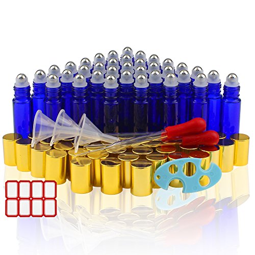 36pcs 10ml Glass Roller Bottles for Essential Oil with 3 Plastic Funnels, 2 3ml Glass Pipettes and 1 Opener by Superlele
