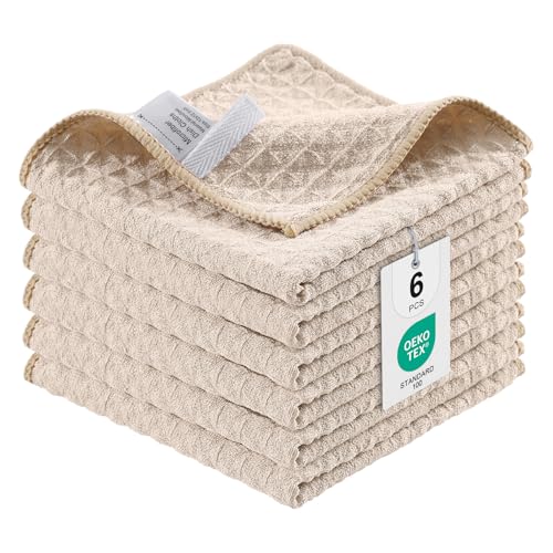 Moosfor Microfasertücher, 6er-Set, Saugfähige Fusselfrei Küchentücher Spültücher für Küche Dicke Barista Tuch Geschirrtücher Lappen, 30 x 30 cm, Beige
