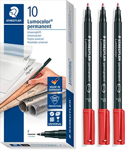 STAEDTLER Lumocolor 318-9 Folienstift, permanent, F-Spitze Linienbreite ca. 0.6 mm, hohe Qualität, wischfest, sekundenschnell trocken, 10 Stück, schwarz + 3 Stück rot Promo Pack