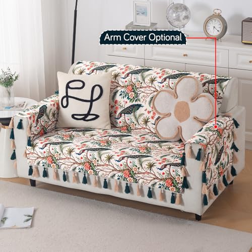 Image of HOKIPO Sofa Cover with Tassel for 2 Seater Sofa | Full Protection for Seat and Back | Printed Holland Velvet Fabric | 'Whispers of Nature' (160x120 cm), Multicolor Tropical Peacock (IN-1126-D1)