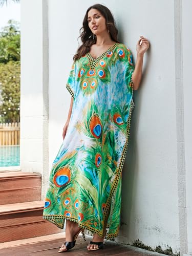 Image of IMAGEKOPE Women's Plus Size Loose Fit Moroccan Print V-Neck Batwing Kaftan Beach Dress Bathing Suit Cover Up