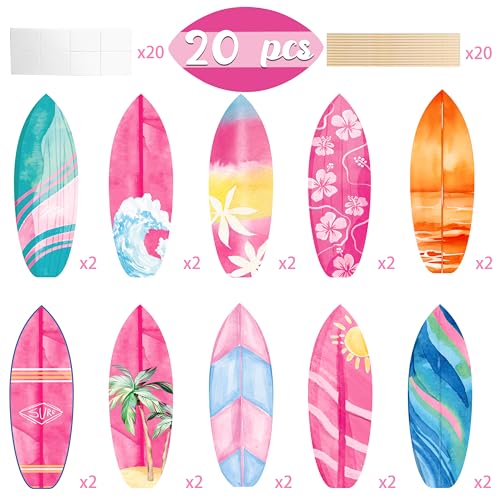 Image of 20pcs Vintage Surfing Surfboard Centerpiece Sticks Pink Surf Surfboard Theme Centerpiece Decorations for Table Summer Surfing Party Decorations Summer Beach Birthday Hawaii Surf Party Supplies