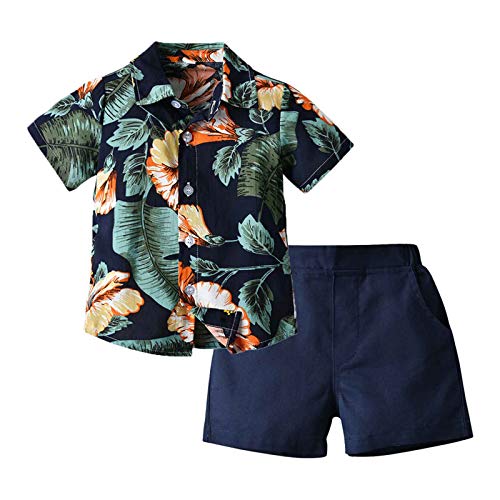 Toddler Baby Boy Shorts Sets Hawaiian Outfit,Infant Kid Leave Floral Short Sleeve Shirt Top+Shorts Suits Dark Blue
