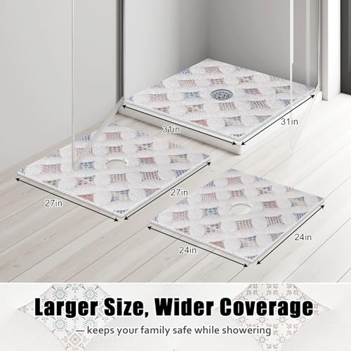 Image of Square Shower Mat Non Slip: 31x31 Inch Extra Large Shower Floor Mat with Drain Hole in Middle - Soft PVC Loofah Bath Mat for Shower - Anti Slip Shower Stall Mat for Elderly and Kids