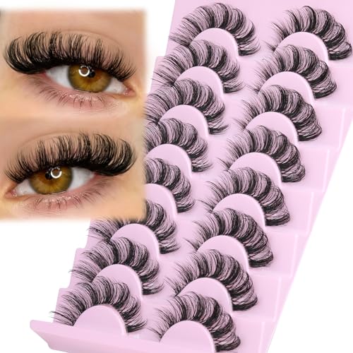 Yawamica Russian Lashes Clear Band False Eyelashes Natural Wispy Fake Lashes D Curl Strip Lashes Faux Mink Eyelashes Criss-Cross Design Lash Strips 8 Pairs Pack