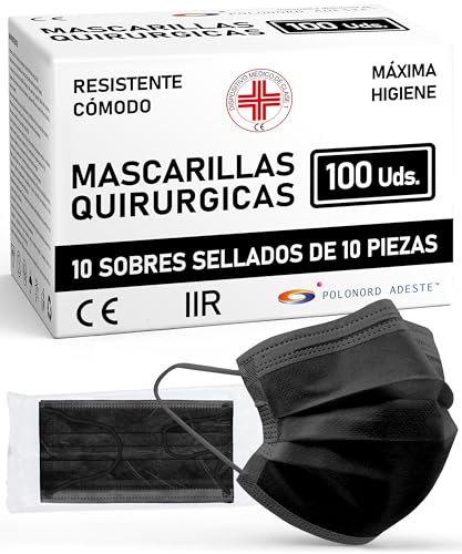 ADESTE – 100 Mascarillas Quirúrgicas desechables Negras Tipo IIR, 3 Capas, Certificada CE Homologada, Material Hipo Alergénicos, Resistente a Salpicaduras, Filtración BFE 98%