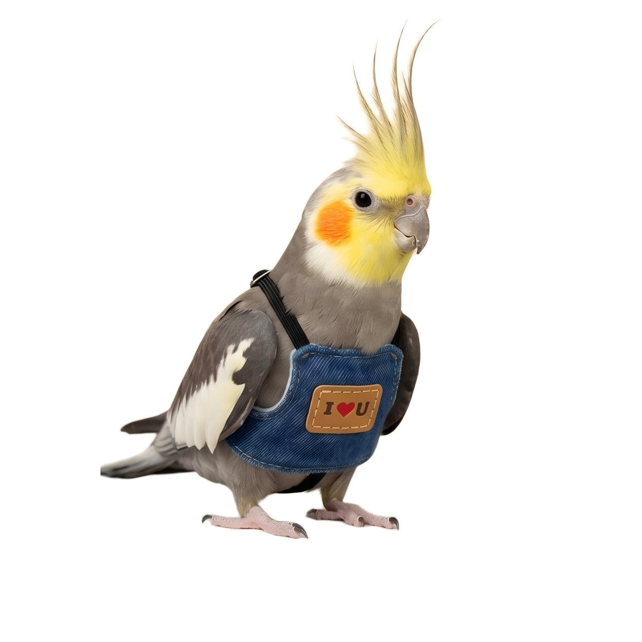 2PC Cute Denim Parrot Harness and Lead, Adjustable Anti-Escape Bird Flight Vest, Lightweight Anti-Bite Bird Walking Harness with I Love U Pattern, Soft Breathable for Budgie, Cockatiel (S（7.5cm*7cm）)