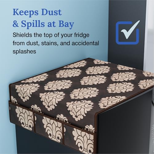 Image of Kuber Industries Cotton Fridge Top Cover | Washable & Anti-Dust Refrigerator Top Cover with 6 Utility Pockets for Kitchen | Floral Design - Brown