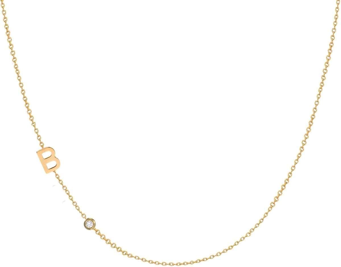 14K Solid Gold Sideways Initial Necklace with Solitaire Diamond - Personalized Gift, Elegant Statement Jewelry, Christmas & Mother's Day Gift