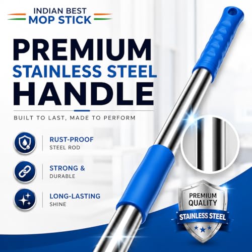 Image of Ultra Premium 360 Spin Mop Stick Rod with Stainless Steel Handle | Adjustable & Extendable Heavy Duty Mop Handle | Floor Cleaning Refill Rod Compatible with Spin Mop (Blue) (2 Heads)