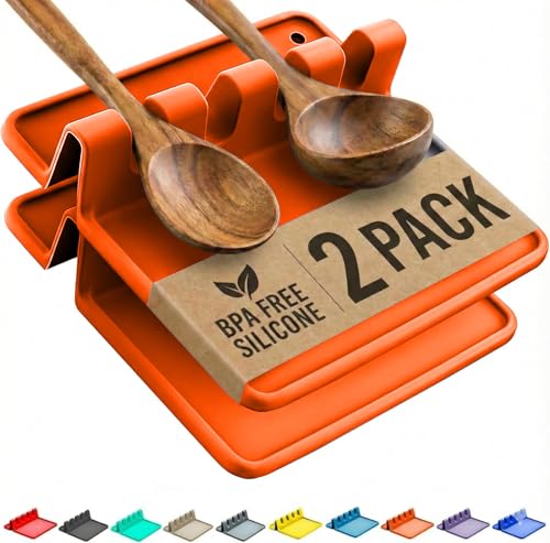 Image of Orange Silicone Spoon Rest for Stove Top with Drip Pad (Two Pack) - Heat Resistant BPA Free Utensil Rest & Spoon Holder for Kitchen Counter - Grill Utensil Chopstick Holder - Spatula Holder
