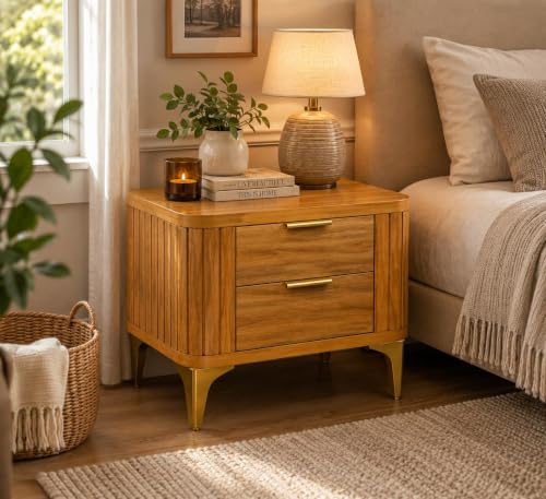 Image of Solid Sheesham Wood Bedside Table for Bedroom & Livingroom | Nightstand End Table with 2 Drawers Storage for Home | Modern & Luxury Design| (Honey Finish 1)