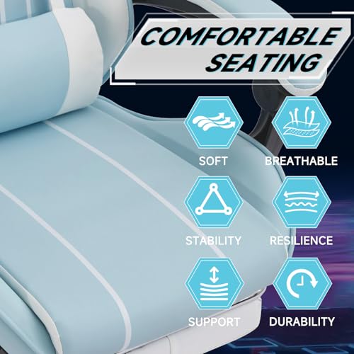 Image of Gaming Chair with Footrest for Home Office - High Back Computer Chair with Headrest and Lumber Support, Ergonomic Height Adjustable Leather Game Chairs (White+Blue)