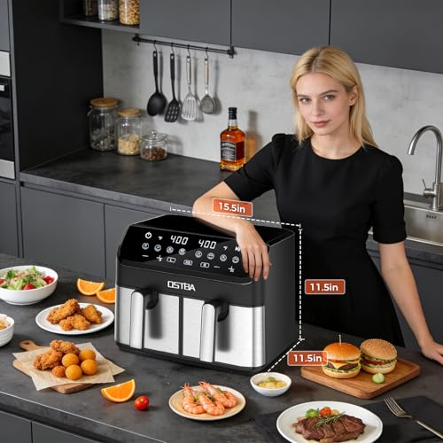 Image of OSTBA 9.5QT Double Air Fryer, 1700W Dual Air Fryer with 2 Independent 4.25QT Stainless Steel Baskets, Digital Touchscreen, Sync Finish, 8 Presets, Auto Shutoff, Nonstick Dishwasher Safe