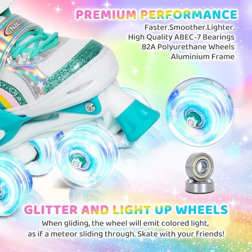Image of Girls Rainbow Unicorn Roller Skates for Big Kids ages6-12 7 8 9 10, 4 Size Adjustable Quad Skates with All Light Up Wheels - Best Birthday Gift for Outdoor Sports - Teal