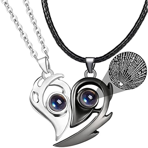 Uooker Magnetic Matching Necklaces for Couples, 2 Pcs I Love You Necklace 100 Languages Projection, Love Heart Pendant Ying Yang Couple Necklace for Him and Her, Boyfriend Girlfriend, Husband Wife Cover