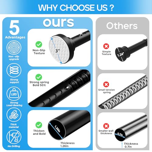 Image of Tension Curtain Rod Black Tension Rod 40 to 113 Inch Spring Curtain Rods Non Slip Tension Rods 1pcs For Windows No Drilling Adjustable Tension Rods of Curtains Window Closet Kitchen Wardrobe
