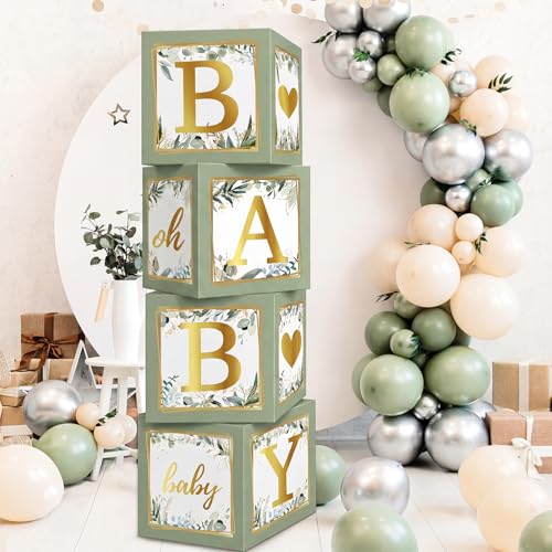RUBFAC Baby Shower Boxes with Letters, 4pcs Sage Green Baby Shower Decorations for Boy Girl Balloon Boxes Gender Reveal Birthday Party Favors