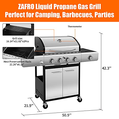 ZAFRO-Portable-Liquid-Propane-BBQ-Gas-Grill-with-4-Burner-42000-BTU-Stainless-Steel-Enamelled-Cooking-Grills-Temperature-Display-Bottle-Opener-Side-Burner-Perfect-for-Camping-Barbecues-Suitable-for-Ou