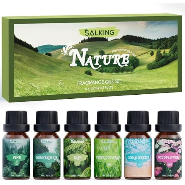SALKING Zestaw naturalnych olejków eterycznych, do aromaterapii, zestaw prezentowy, czyste olejki zapachowe do dyfuzora, nawilżacz powietrza, 6 x 10 ml (sosna, morska bryza, deszcz, świeżo ścięta